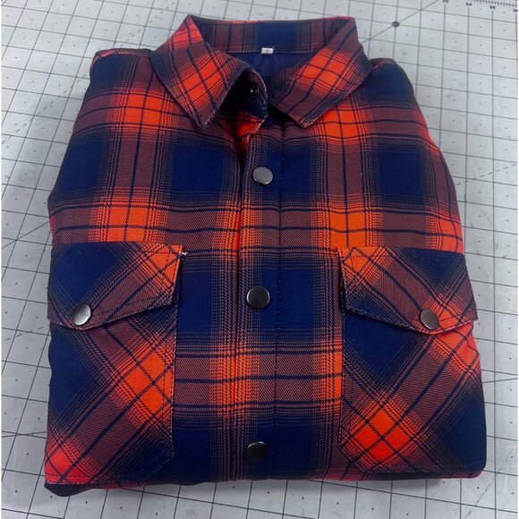 Men's Quilted Flannel Shirt Jacket Plaid Blue & Orange Sz. L Pearl Snap Vintage - Picture 13 of 13